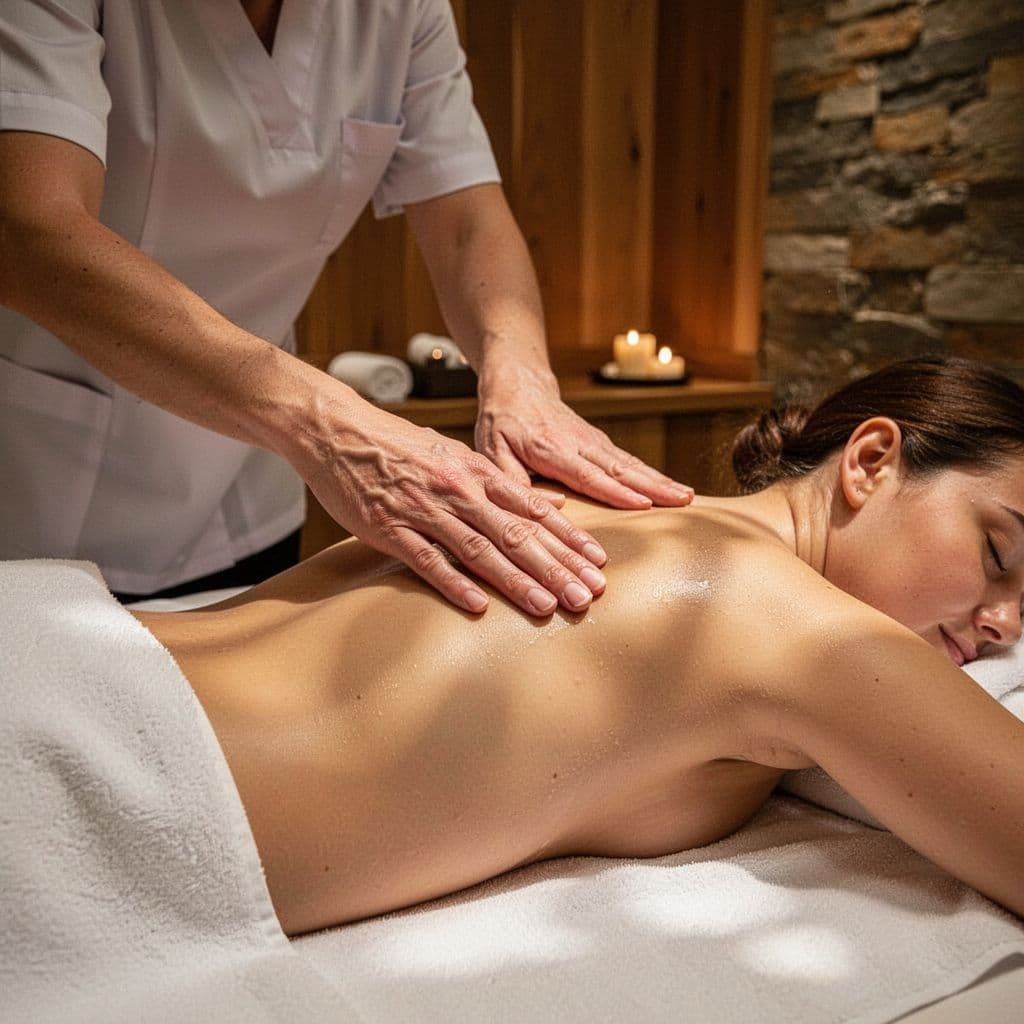 A skilled therapist applies gentle pressure to a client's upper back using warm oil. Natural stone textures and soft linens create a calming atmosphere within the dimly lit spa suite.
