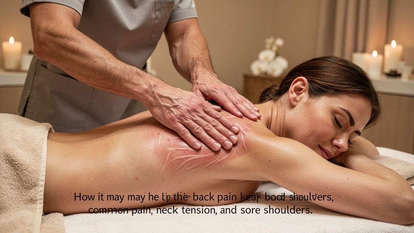 Deep Tissue Massage 4 Professional massage therapist with strong hands applying sustained deep pressure to a client's upper back, neck, and shoulders; client lies face down relaxed on a padded spa table in a serene spa room.