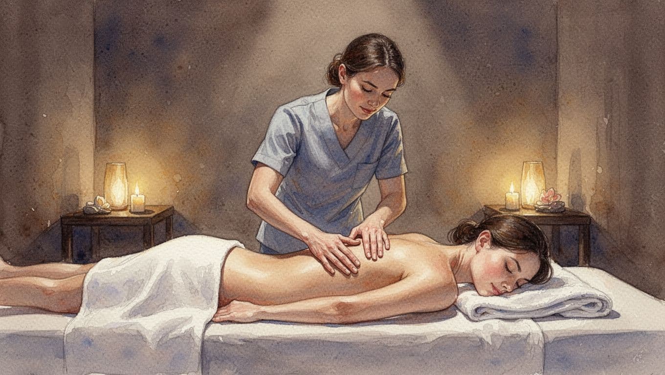 A focused therapist stands over a client lying on a massage table inside a dimly lit, serene spa. Soft watercolor textures define the warm, muted surroundings and the therapist's gentle posture.