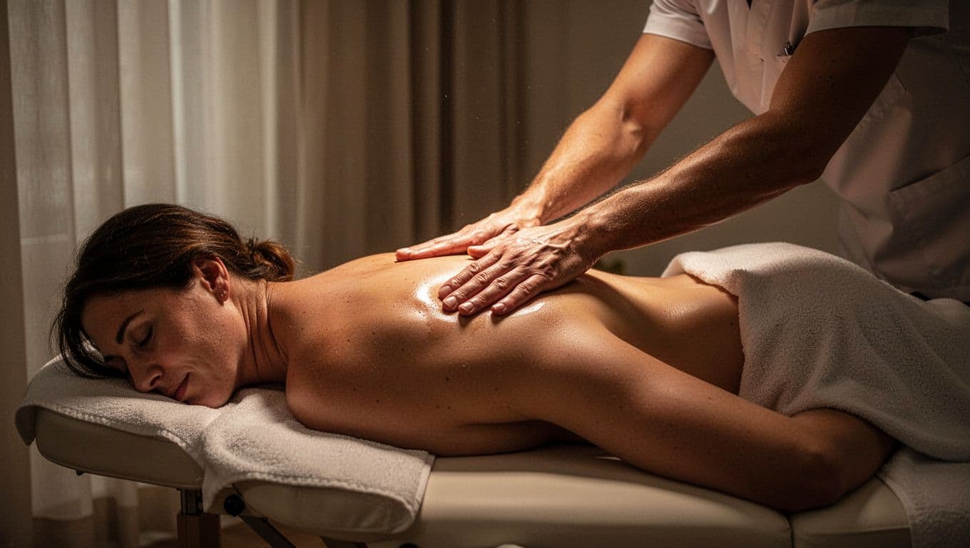A focused close-up captures a practitioner applying firm pressure to a client's back on a massage table. Warm, low-key lighting illuminates the skin, creating a serene and therapeutic spa environment.