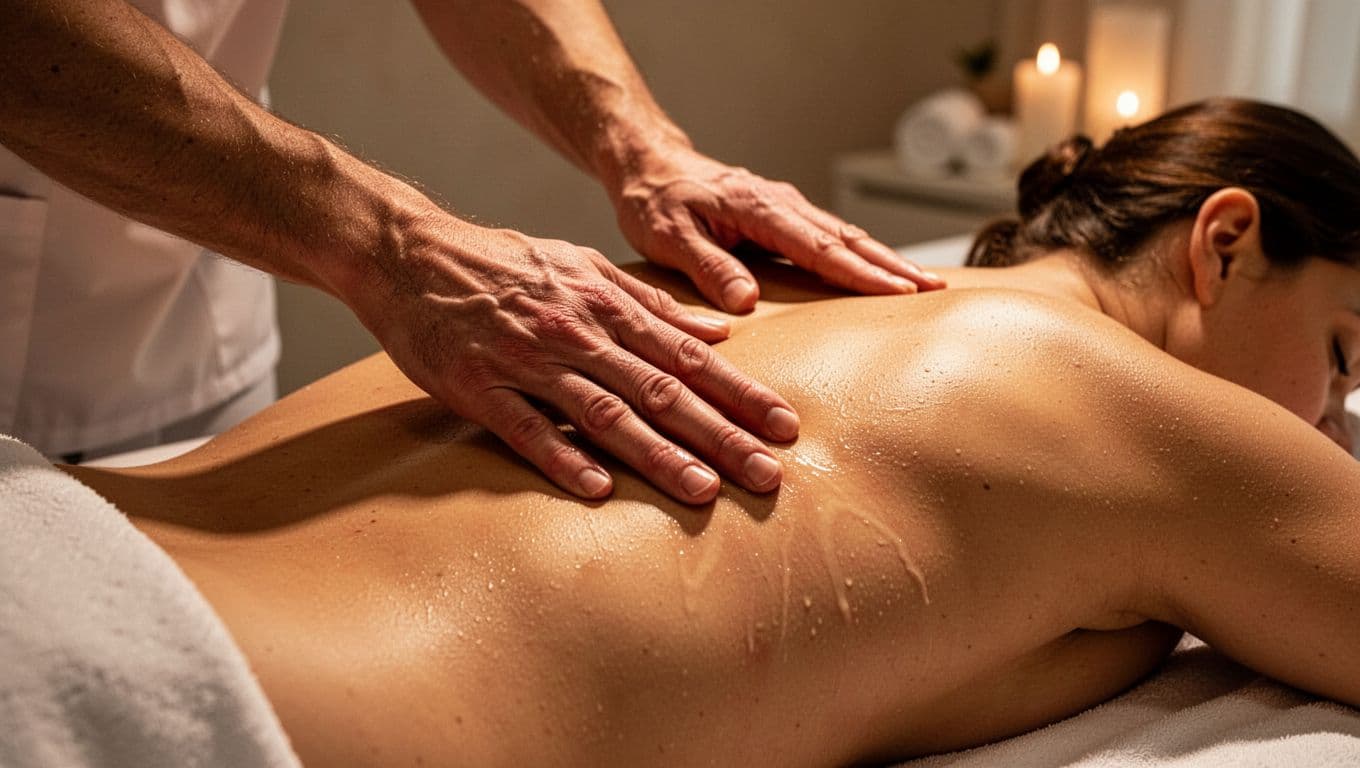 A massage therapist applies firm pressure to a client's upper back, emphasizing muscle definition and skin texture. Soft, warm ambient lighting creates a tranquil mood within the serene spa setting.