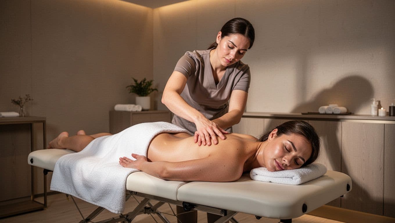 A focused therapist performs a deep tissue massage on a client in a serene, modern spa room. Warm ambient lighting highlights the professional setting and the therapist's precise, controlled hand motions.