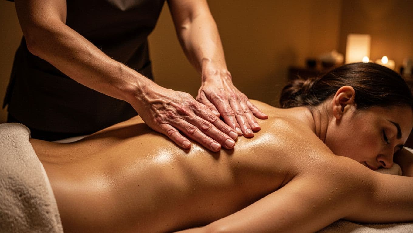 A professional therapist applies firm pressure to a client's back muscles in a tranquil spa setting. The warm amber lighting highlights the focused technique amidst the soft, shadowy environment.
