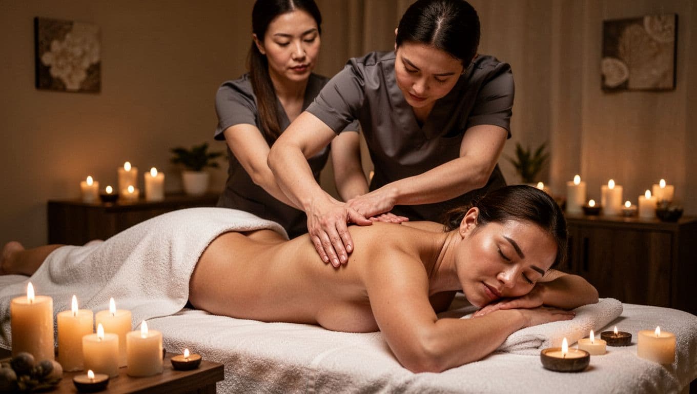 Massage Gun Guide: Benefits, Safe Use, and How to Choose One 9 A focused professional massage therapist gives a deep tissue massage to a relaxed client lying face down on a spa table in a serene room with dim lighting and candles.