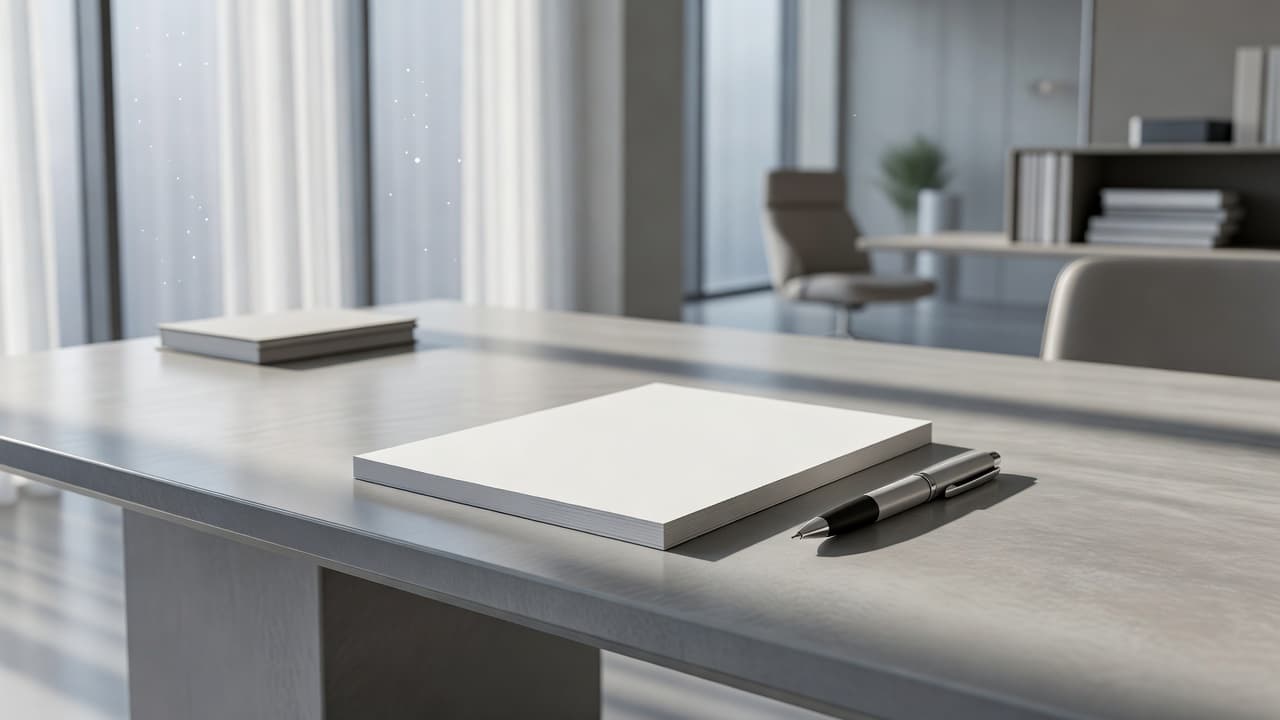 A crisp notepad and metallic pen rest on a minimalist desk surface. The soft morning light highlights the clean lines of the workspace, creating an atmosphere of organized financial preparation.