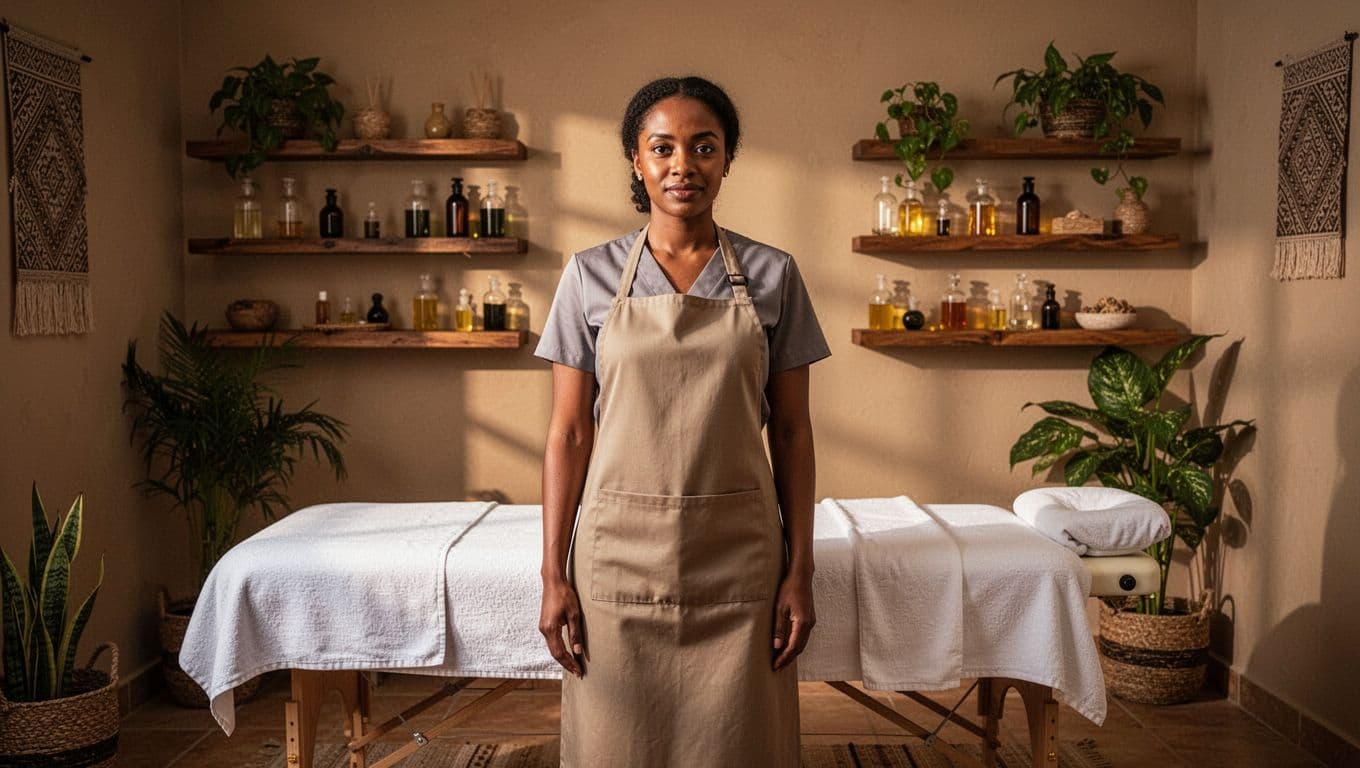 Professional female massage therapist stands relaxed in a clean, serene spa treatment room with fresh linens on the massage table, wooden shelves with oils and plants, soft warm lighting, and a cozy Kilimani Nairobi vibe.