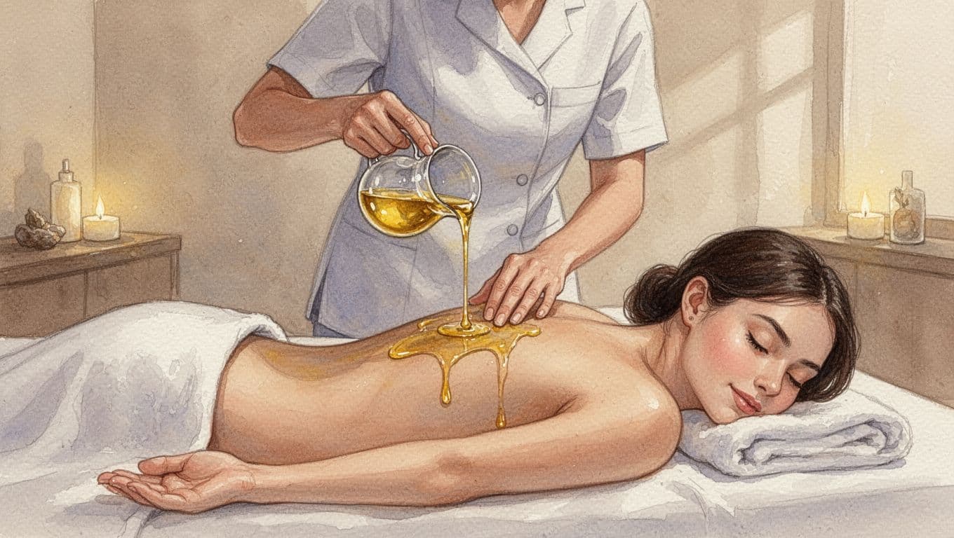 A skilled therapist in a dimly lit spa applies warm oil to a client's back. The watercolor painting style features soft blended textures, earthy tones, and a peaceful, tranquil healing environment.