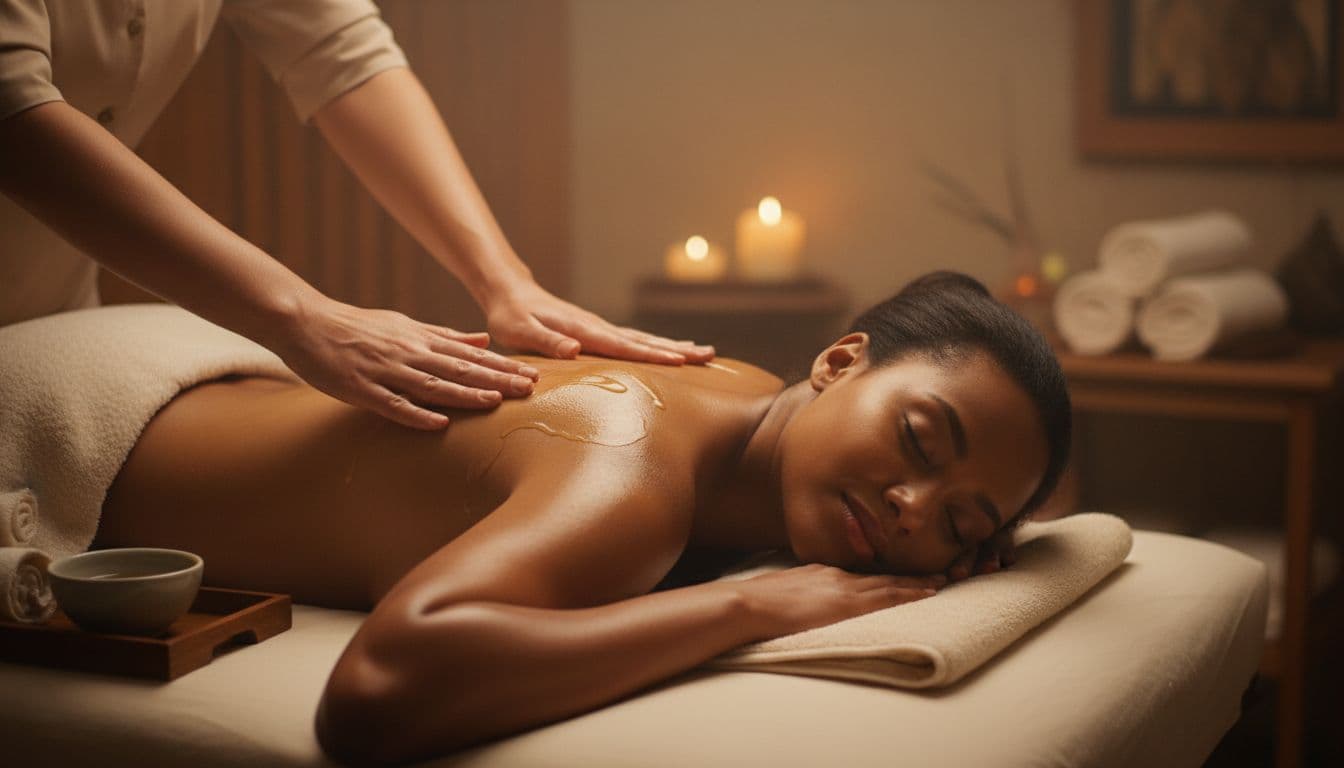 Hot Oil Massage 2 Professional therapist applying gently warmed oil to a client's back and shoulders during a hot oil massage in a calm spa room with soft warm lighting. Client relaxed face down on massage table, focus on smooth gliding strokes and oil sheen on skin in serene atmosphere.