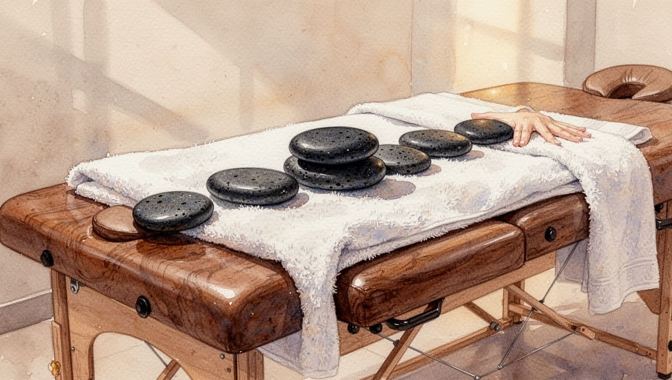 Neatly arranged dark basalt stones rest upon a pristine white towel atop a wooden massage table. The composition features soft ambient lighting that highlights the smooth texture of the stones.