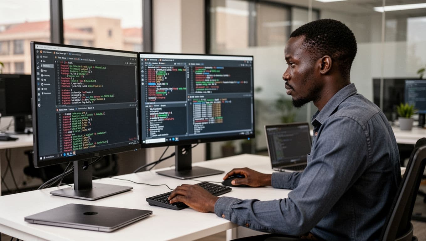 A focused Kenyan IT specialist in a modern Nairobi office examines server logs and malware scans on dual monitors at a clean desk, illustrating professional hacked-site cleanup and thorough malware removal process.
