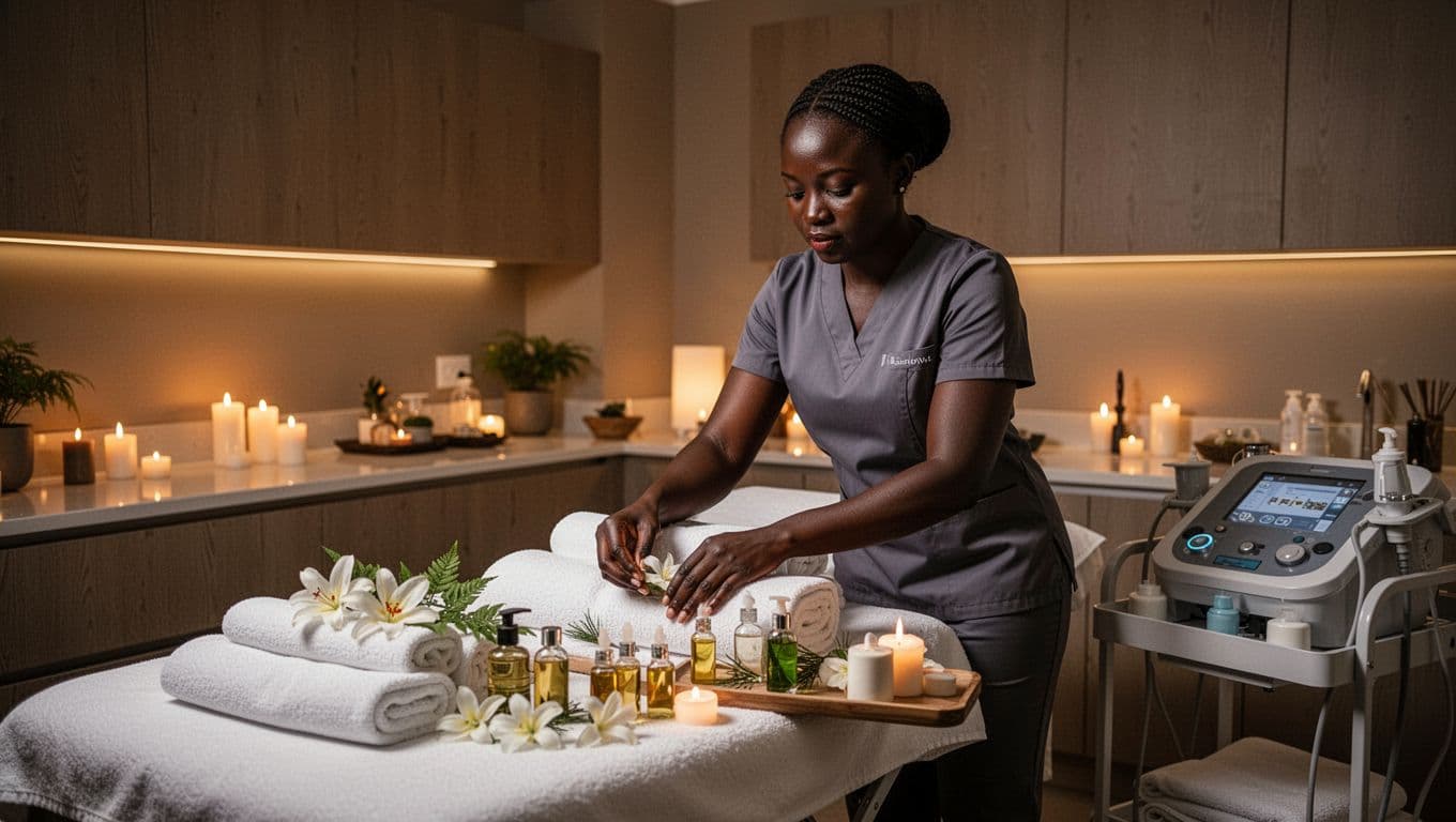 A professional Kenyan female massage therapist arranges fresh linens and oils in a spotless modern spa treatment room in Nairobi, with warm ambient lighting highlighting clean surfaces and organized equipment.
