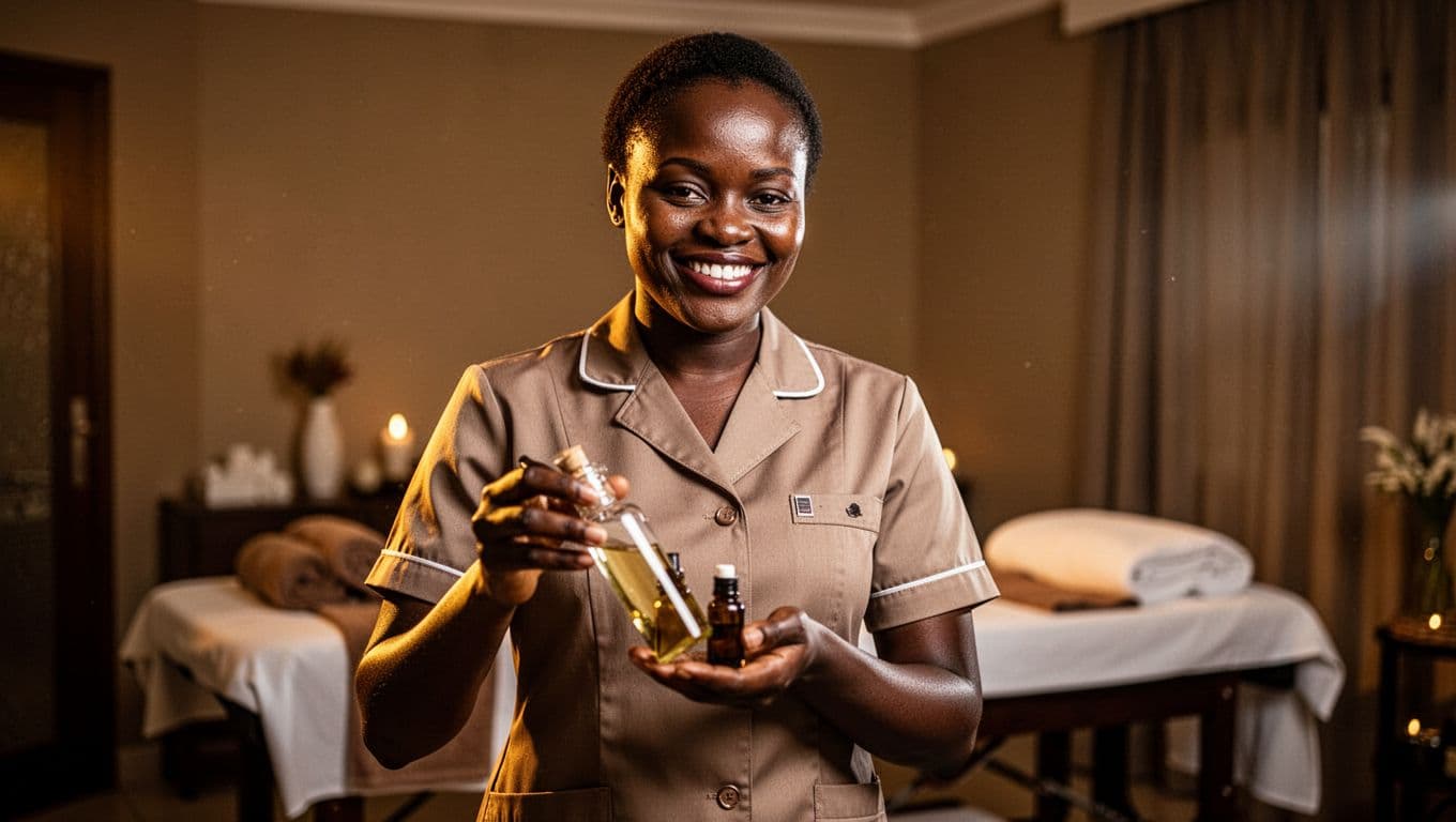 A confident professional Kenyan female massage therapist in uniform smiles while preparing essential oils in a high-end spa room in Kilimani, Nairobi, with cinematic lighting highlighting her face and hands, warm tones, and blurred background.