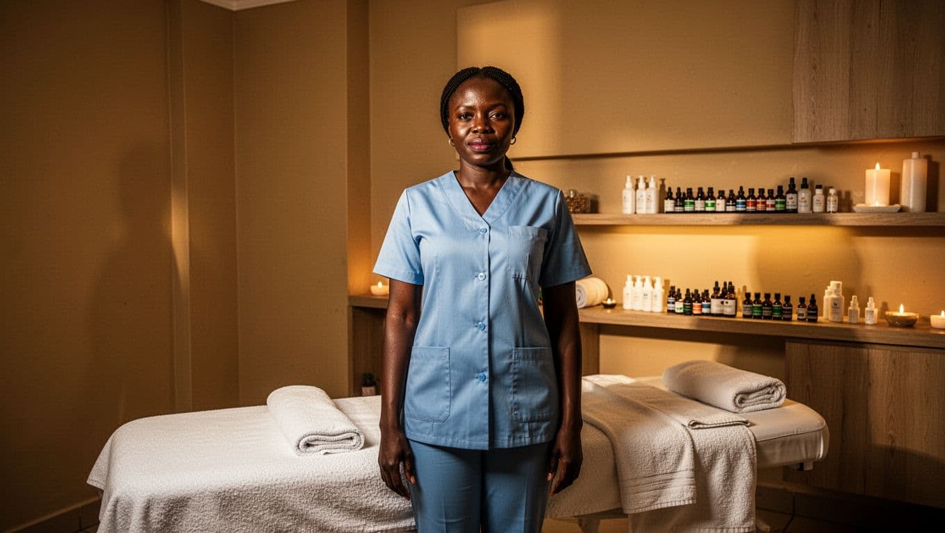 Professional Kenyan female therapist stands relaxed in serene Velva Massage spa treatment room in Kilimani Nairobi, featuring fresh white linens, organized essential oils, and warm golden cinematic lighting.