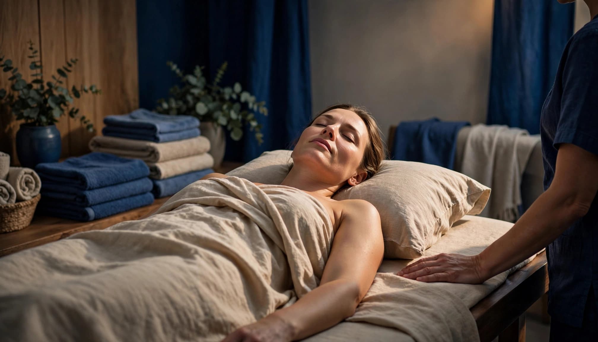 A relaxed client lies on a massage table as a therapist stands beside them.