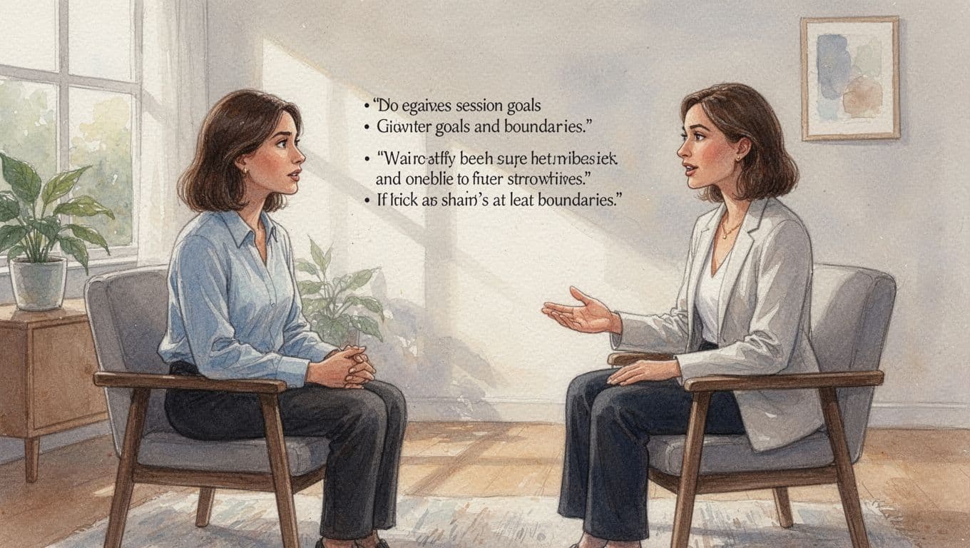 A therapist sits in a tranquil, softly lit room while calmly discussing session goals with a client. The watercolor painting features expressive brush strokes and a soothing, warm color palette.