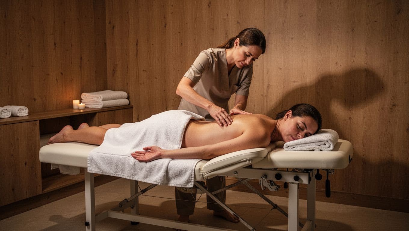 A covered client receives an upper-back massage from a therapist in a warm spa room.