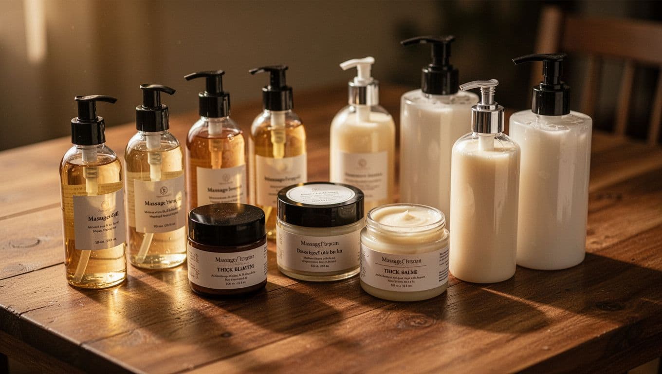An assortment of amber massage oil bottles and white lotion pumps sits alongside glass jars of thick balm on a dark wooden surface. Soft amber light illuminates the textured product labels.