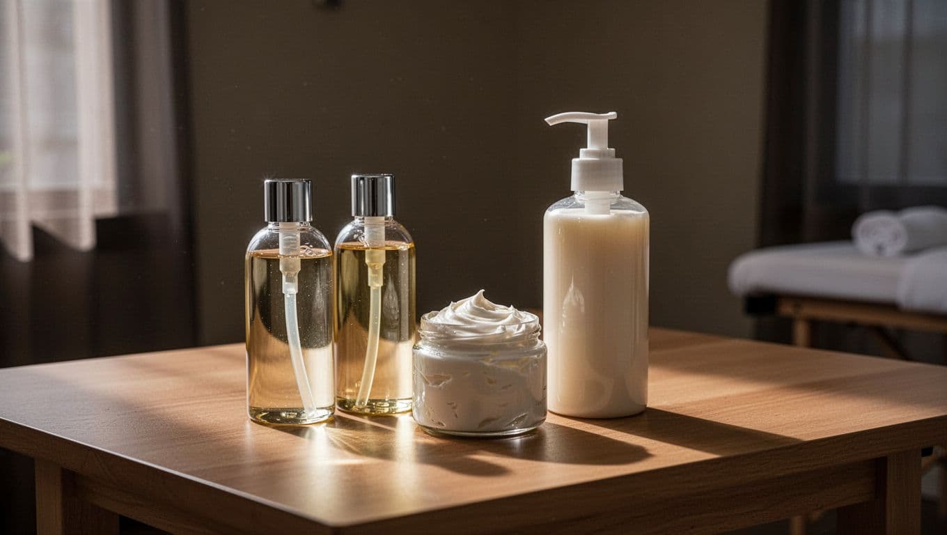 Clear oil bottles, a thick cream jar, and a lotion pump rest on a textured wooden table. Dim lighting and soft side shadows highlight the textures of these essential spa supplies.