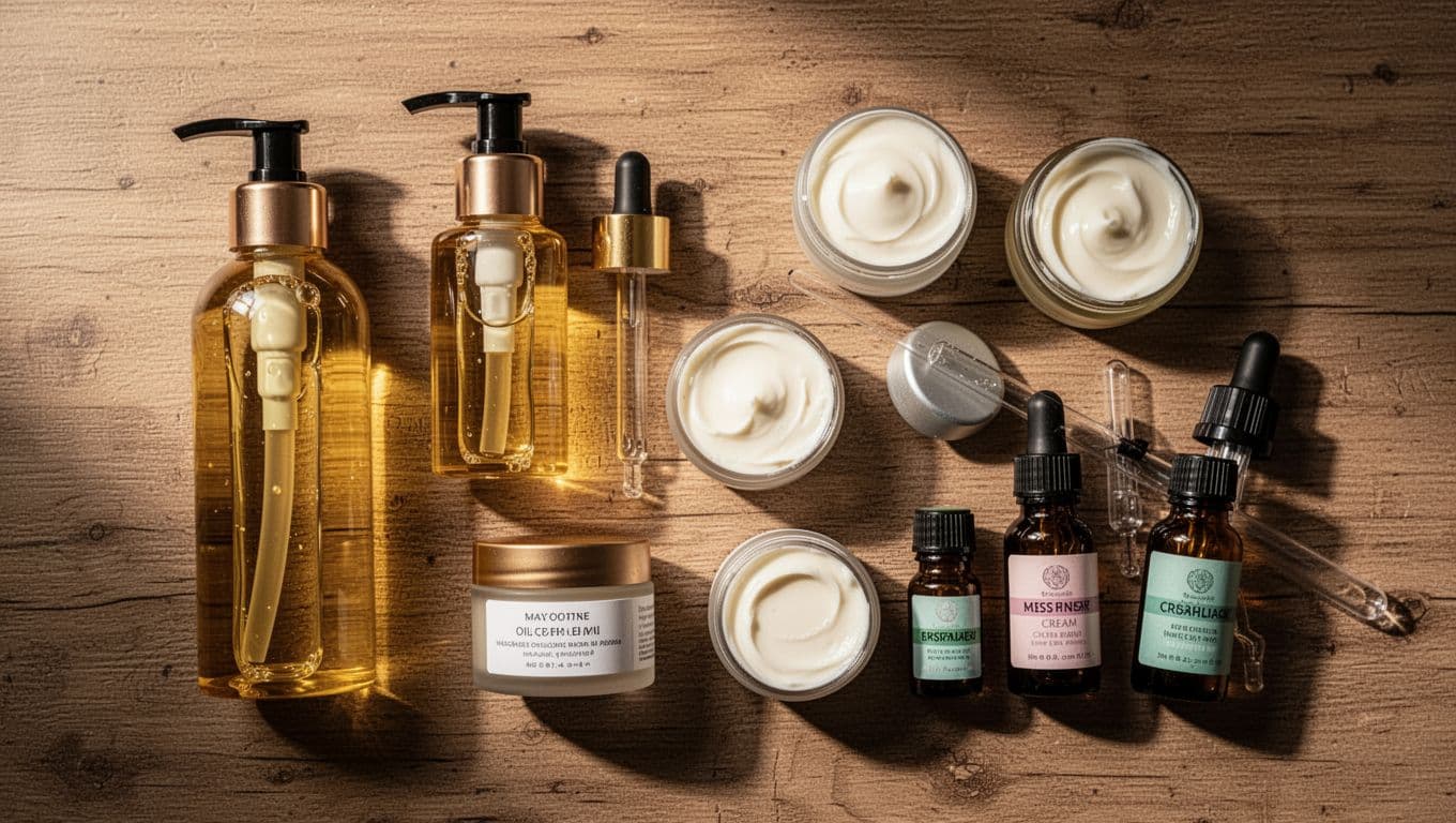 An assortment of professional massage oils in pump bottles, rich creams in jars, and glass essential oil droppers arranged neatly on a dark, rustic wooden surface under soft, warm light.