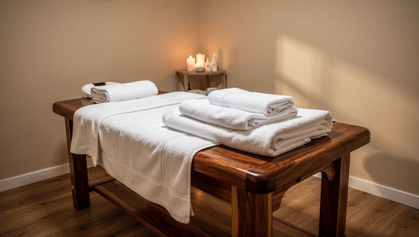 A clean massage table with crisp white linens under warm lighting.