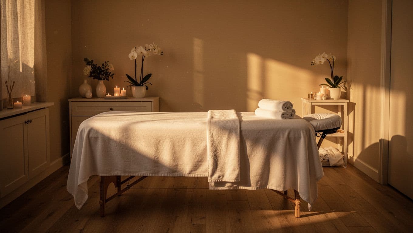 A plush massage table with crisp white linens sits centered in a dimly lit room. Warm golden lamps cast deep shadows against the walls, highlighting a serene and tranquil atmosphere.