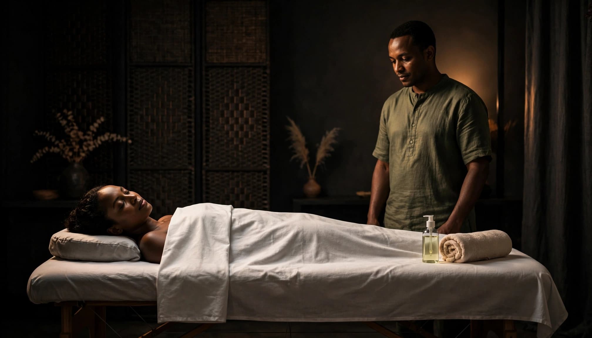 Client covered on a massage table with a therapist, towel, and oil bottle nearby.