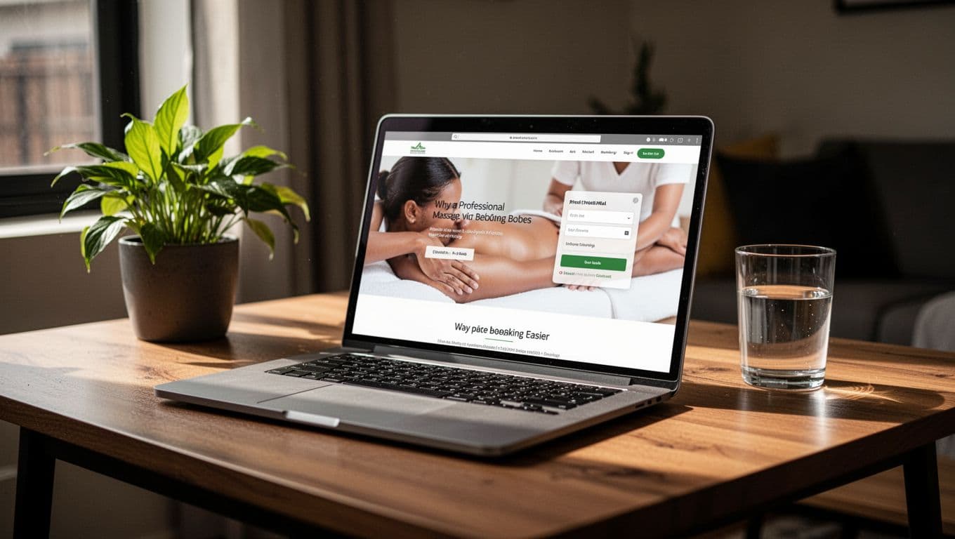 A single laptop rests on a wooden desk in a modern Nairobi apartment, its screen angled to display a blurred clean professional massage spa booking website with no visible text. Natural daylight from the window highlights a fresh green plant and glass of water nearby, captured in cinematic style with strong contrast and dramatic lighting.