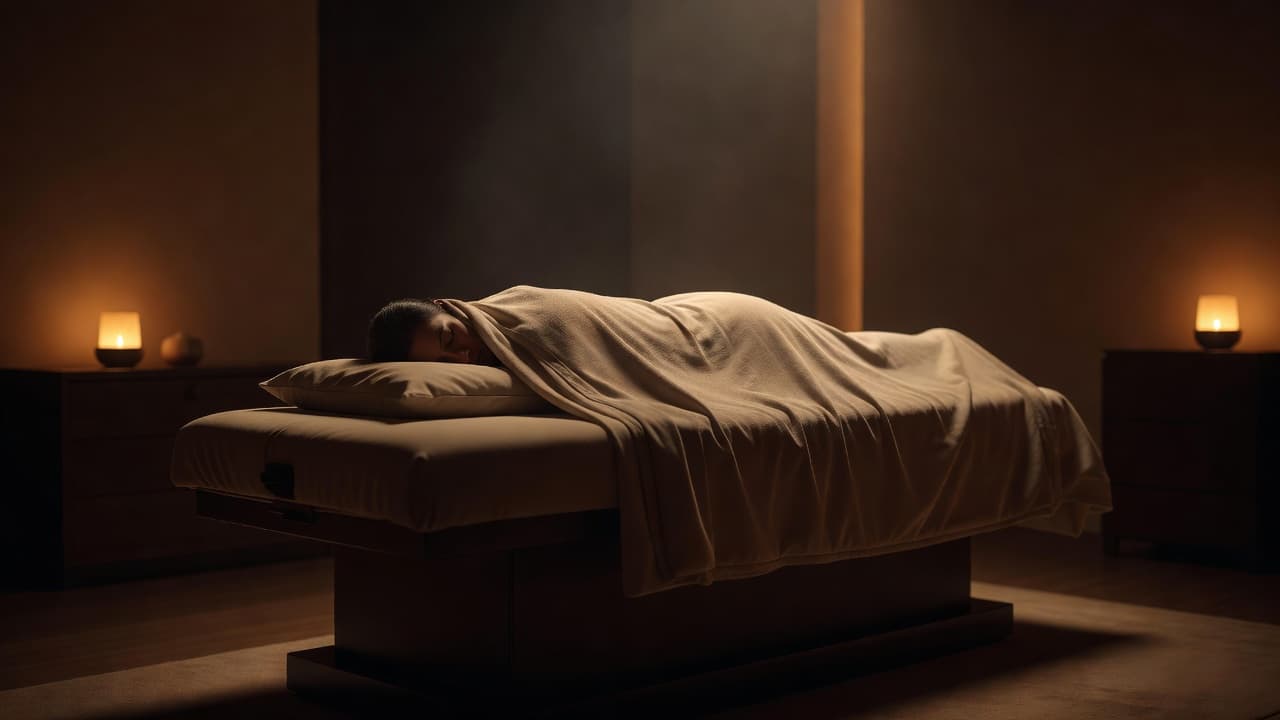 A client rests face down on a premium upholstered massage table draped in soft, textured linens. Warm amber light glows across the room, creating a serene and deeply tranquil sanctuary atmosphere.