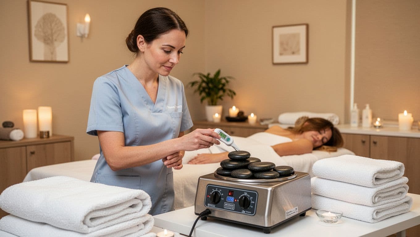 A professional female massage therapist in a spotless spa room with calm ambiance checks the temperature of smooth black basalt hot stones using a thermometer, surrounded by clean folded towels and soft lighting.