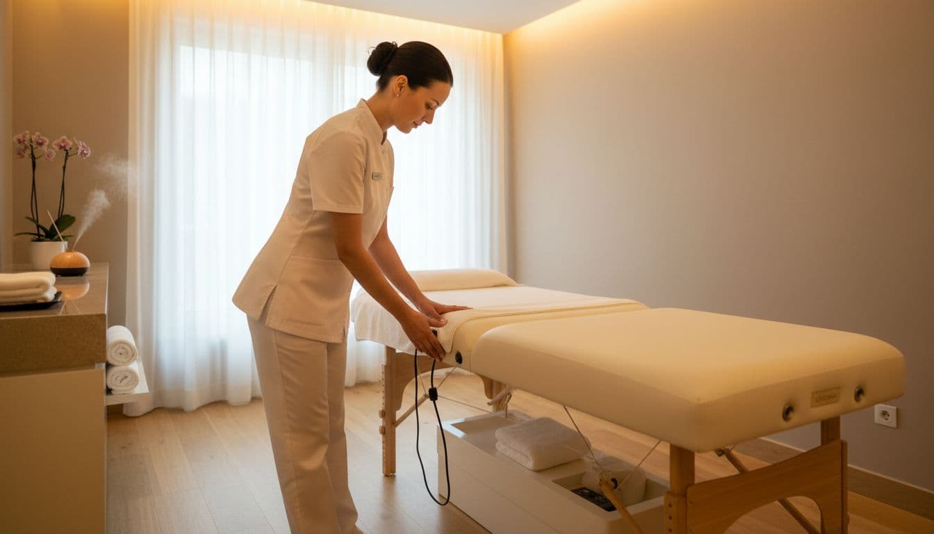 A professional massage therapist in a clean uniform adjusts the massage table in a spotless spa room with warm soft lighting and a serene atmosphere, emphasizing cleanliness and professionalism.