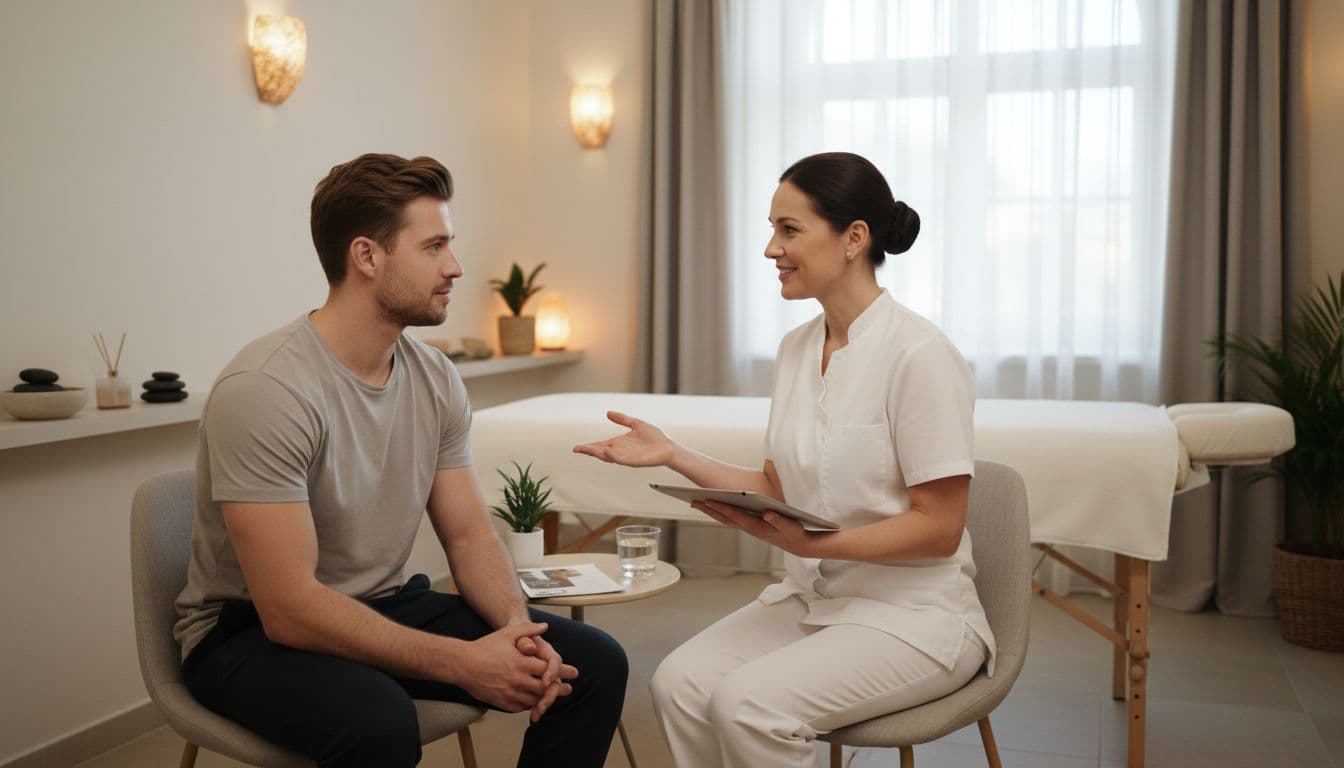 Professional female massage therapist in clean uniform consulting with relaxed male client in 30s during intake consultation in tidy spa room with massage table and soft lighting, good eye contact.