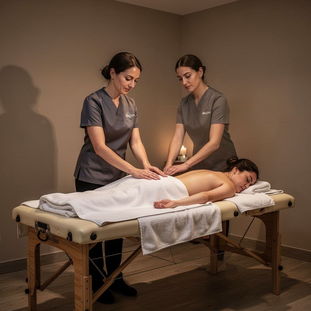 A focused therapist stands near a padded massage table inside a serene, dimly lit spa room. Warm accent lighting highlights the wooden textures and creates a soothing atmosphere for treatment.