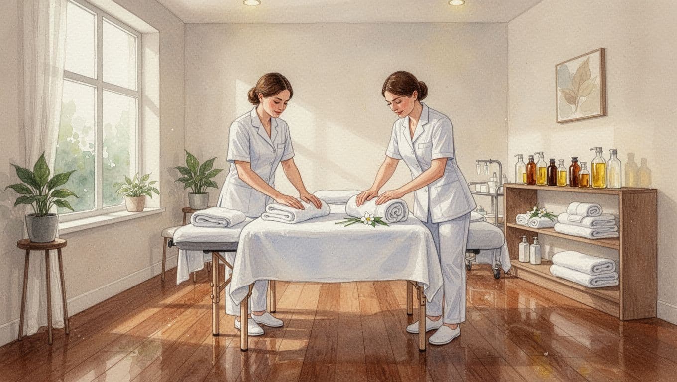 Two professional massage therapists in clean uniforms set up a spotless treatment room at Classic Comfort Massage & Spa, with fresh linens, organized oils and towels, natural light, and relaxed hands, in watercolor style with warm earth tones.