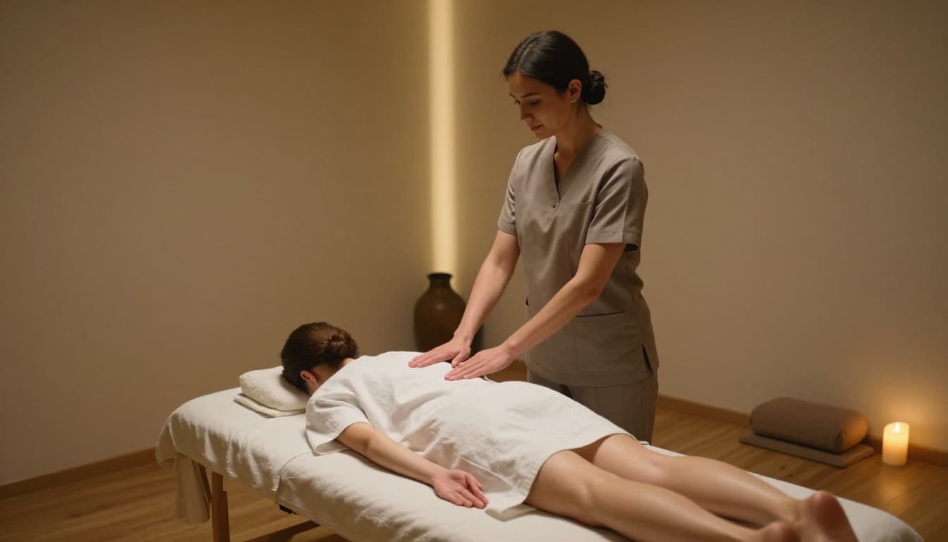 A calm therapist stands on clean wooden floors within a minimalist spa, gesturing towards a floor mat. The room features warm accent lighting that highlights a serene, professional environment for clients.