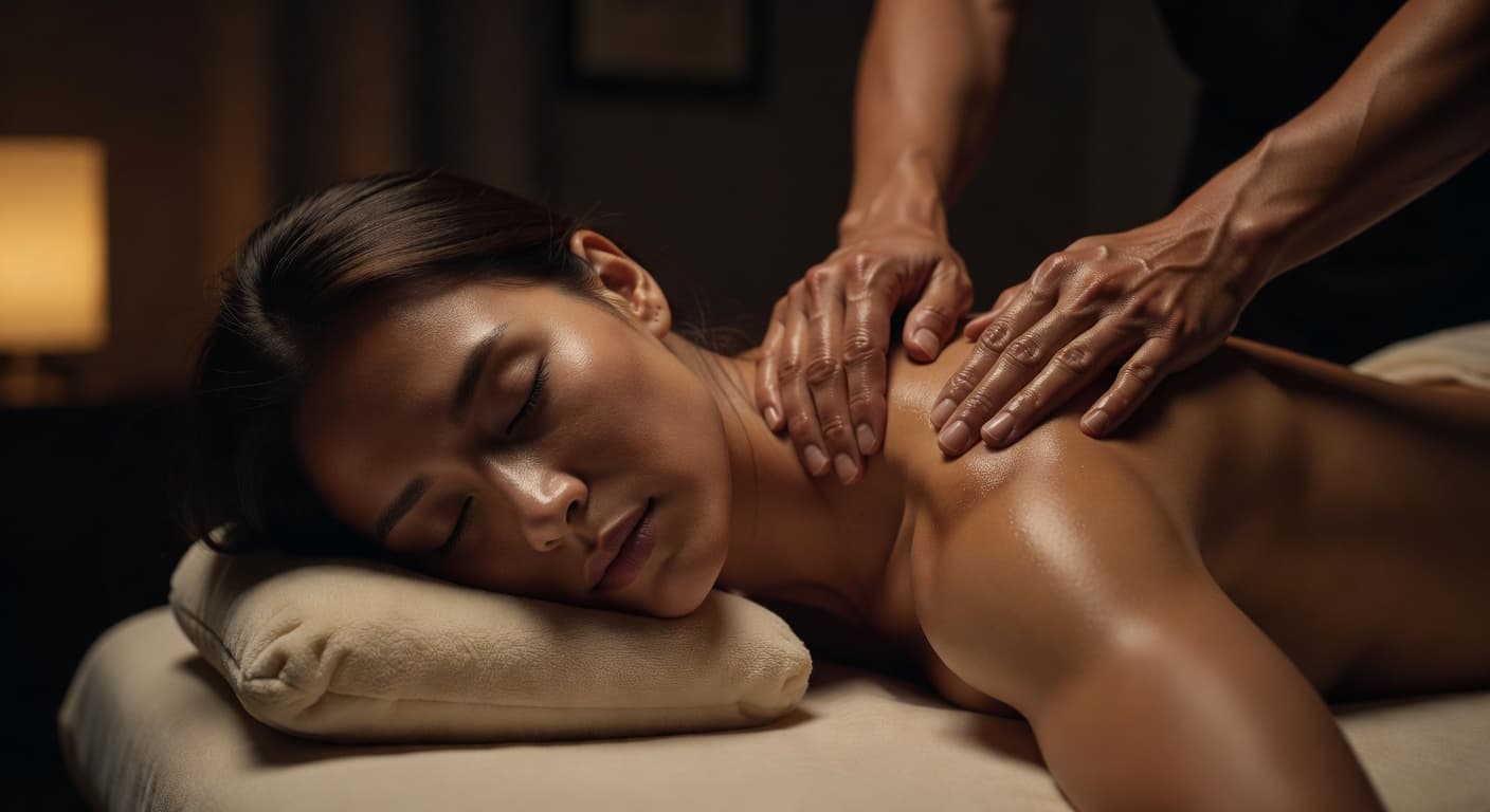 A person lies comfortably with eyes closed under soft, warm lighting. The cinematic composition emphasizes deep relaxation and physical restoration, highlighting the tranquil atmosphere of a professional touch therapy environment.