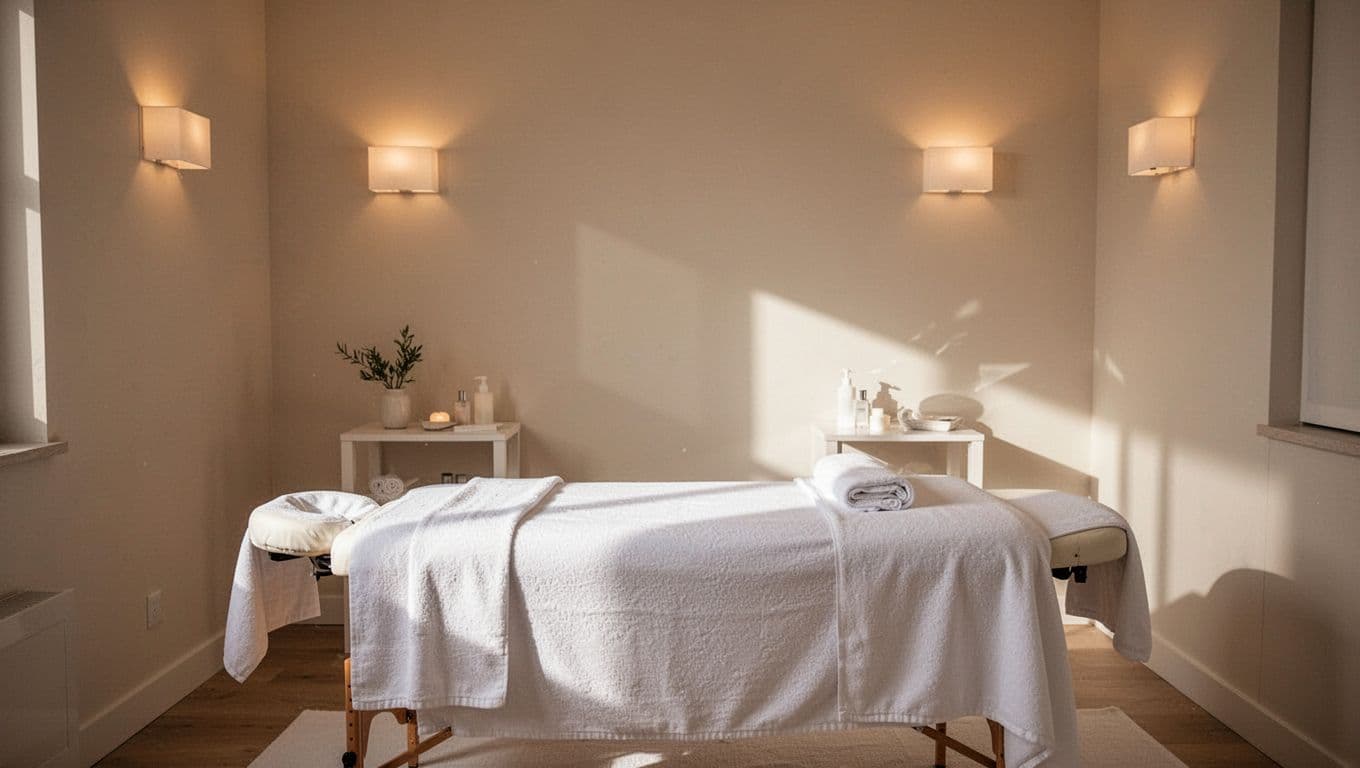 A pristine massage table draped in crisp white linens sits in a dimly lit room with amber accent lighting. Clean white towels are folded neatly nearby, emphasizing a sterile and calm environment.