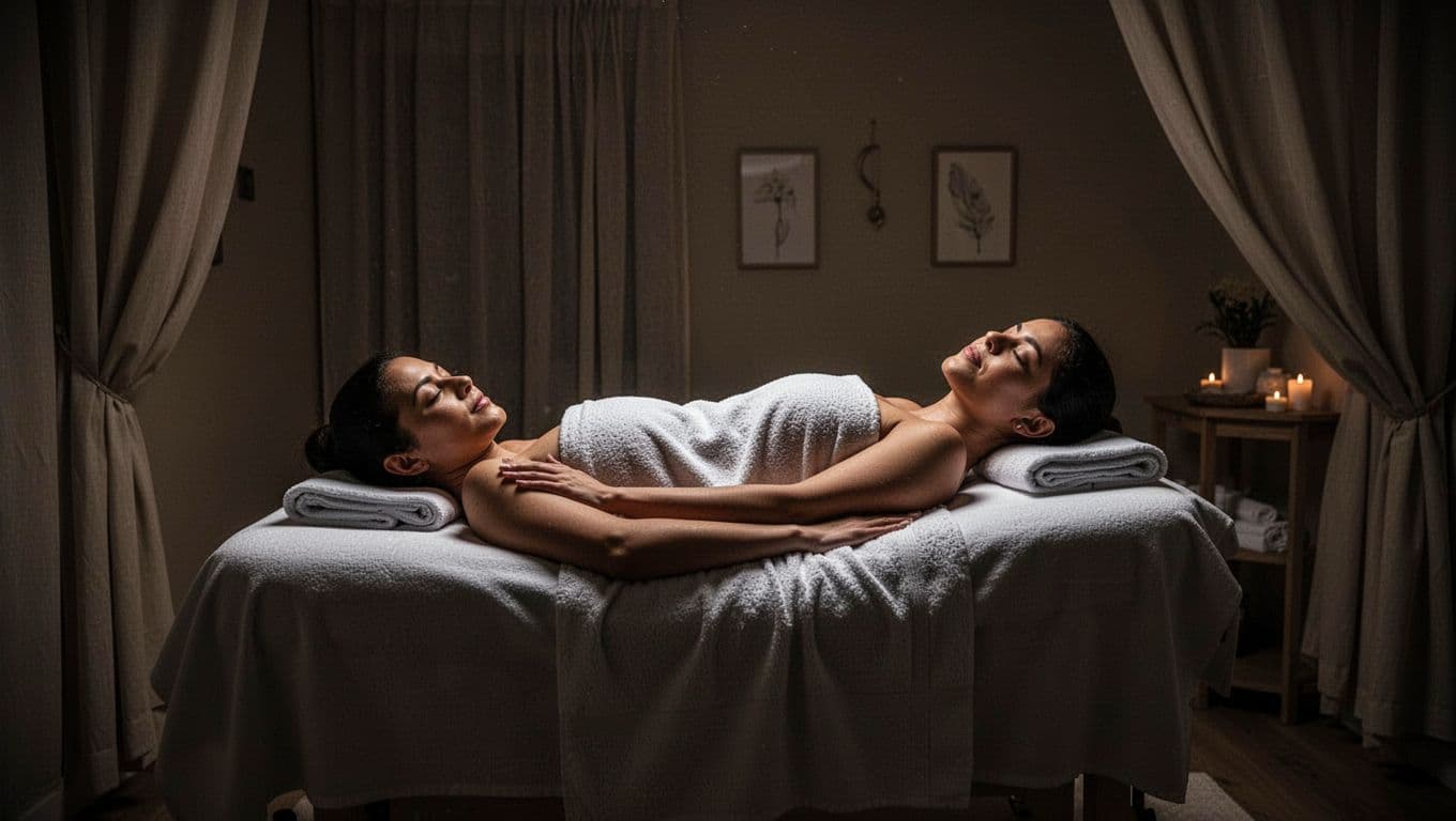 A relaxed individual lies comfortably on a padded table within a dark room. Soft, focused lighting highlights the serene setting, creating a tranquil atmosphere designed for deep therapeutic relaxation and healing.