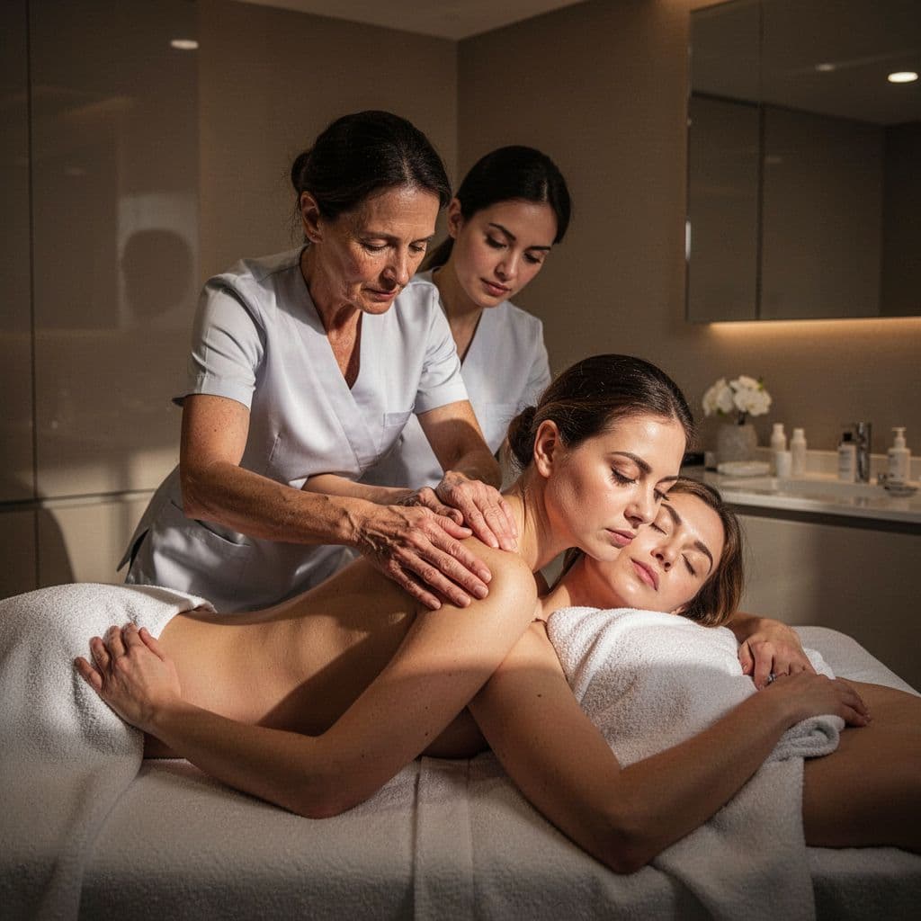 A focused massage therapist applies firm pressure to a client's upper back and shoulders in a dimly lit spa. The composition features high contrast lighting that highlights muscle tension and relaxation.