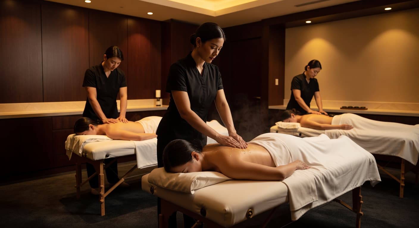 A massage therapist applies gentle pressure to a client's back inside a serene, dimly lit spa room. Warm ambient lighting highlights the soft textures of the towels and plush treatment table.