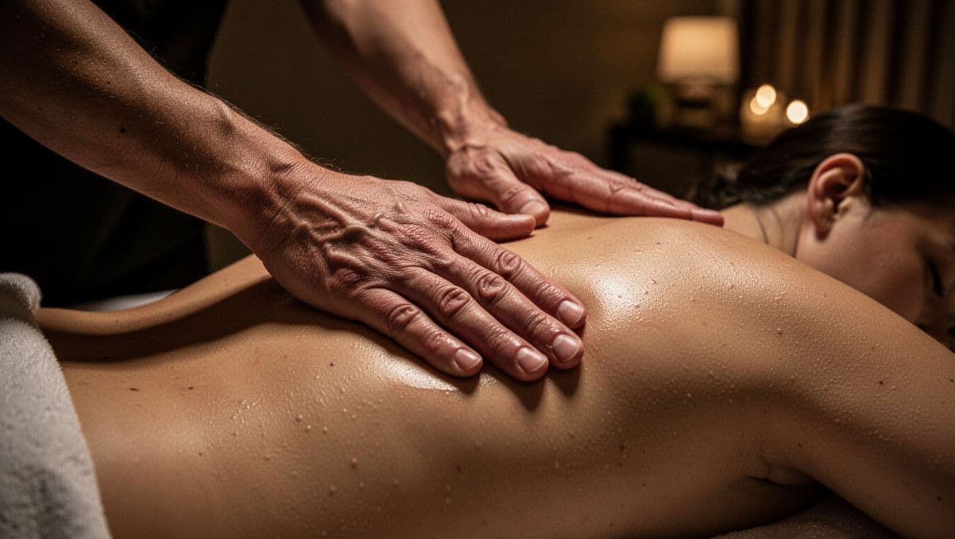 A massage therapist applies firm, calculated pressure to a client's back muscles within a tranquil, dimly lit spa room. Warm accent lighting emphasizes the precise technique and natural skin texture.