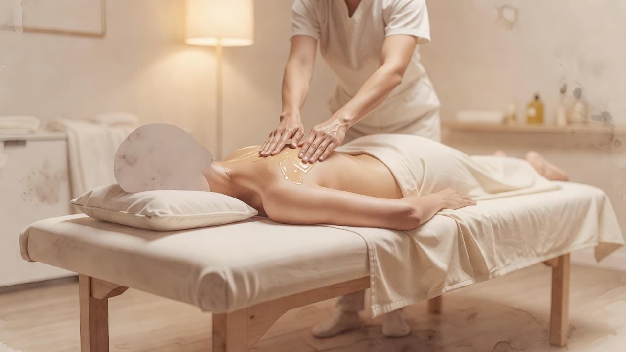 A therapist uses warm oil to massage the shoulders and upper back of a client lying on a soft table. The scene features gentle watercolor brushwork and a soothing amber glow.