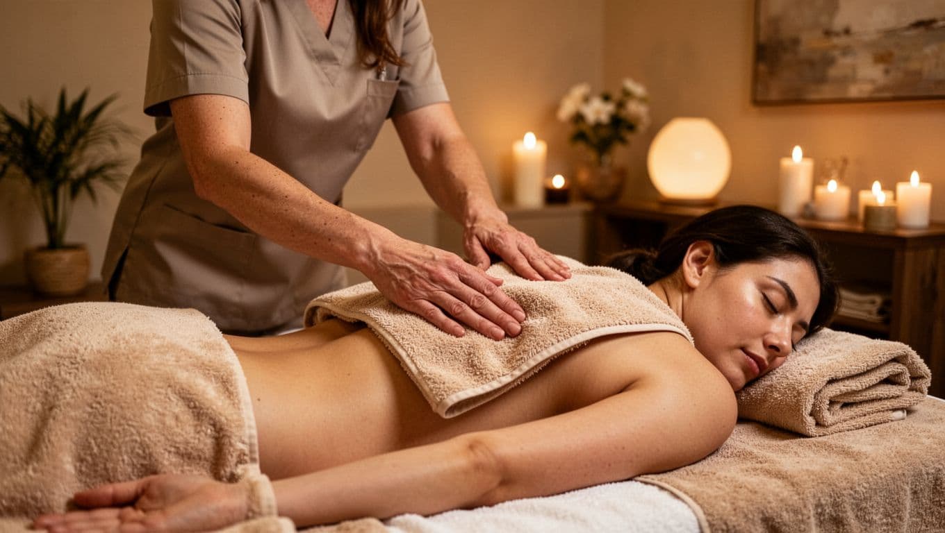 A licensed therapist carefully repositions a plush warm towel across a client's upper back. The dimly lit spa room features soft golden lighting and a focus on therapeutic comfort and safety.