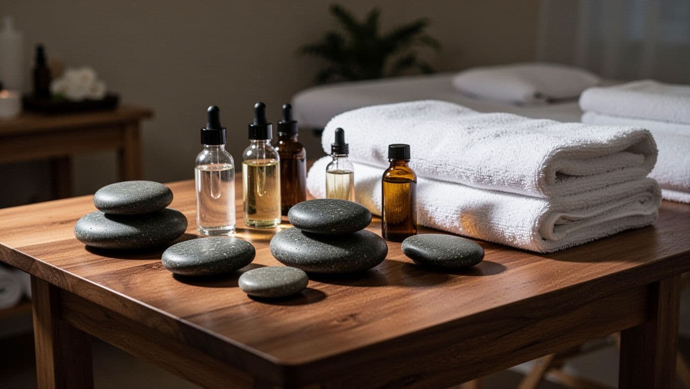 Smooth heated stones rest on a folded white towel alongside various essential oil glass bottles. These therapeutic items are neatly arranged on a wooden massage table under warm, dramatic cinematic lighting.