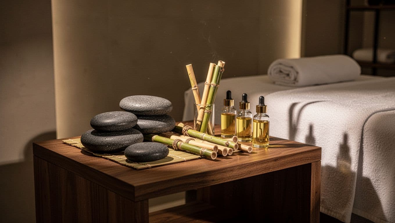 Smooth black basalt stones, polished bamboo sticks, and glass aromatherapy oil vials rest on a rustic wooden side table. The warm, focused lighting creates a serene atmosphere against a minimalist background.