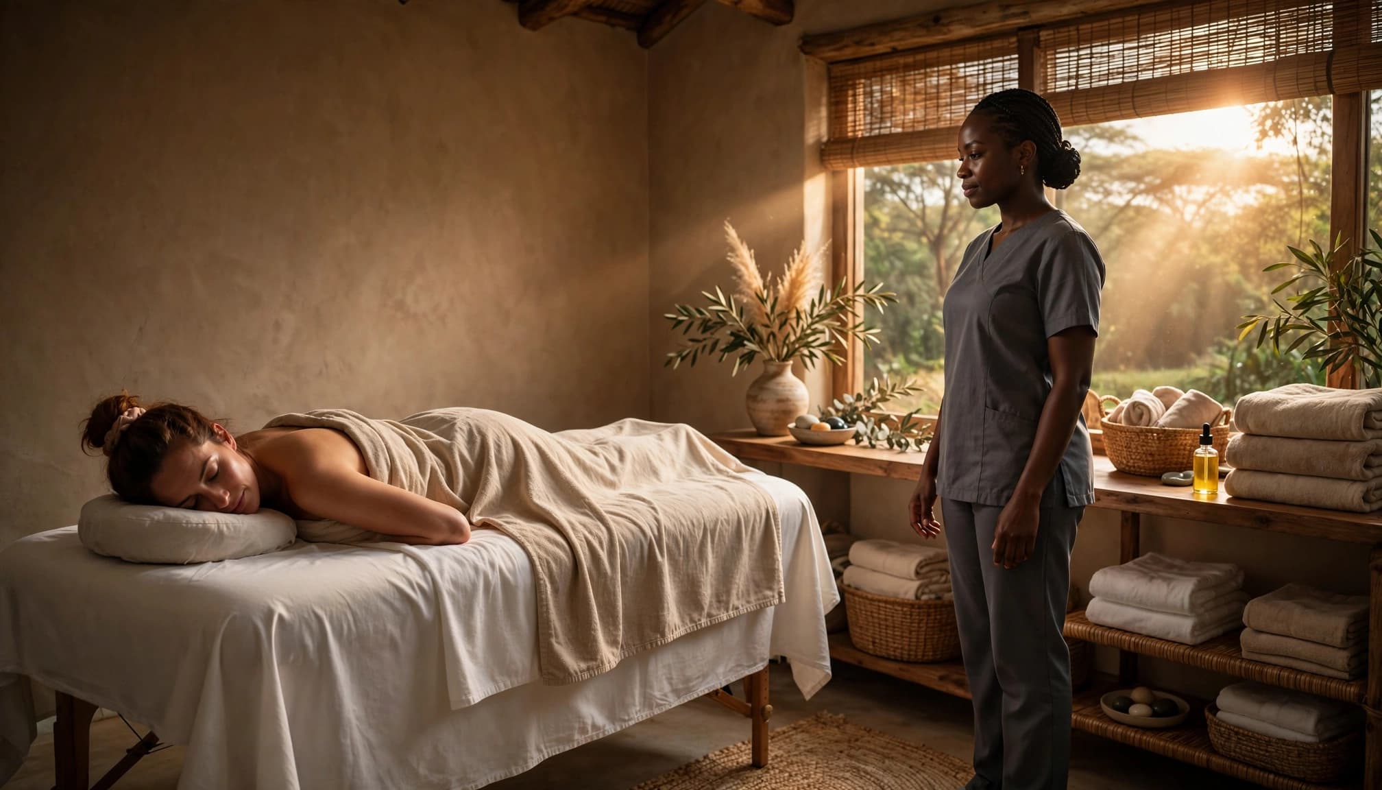 A covered client lies on a massage table while a therapist stands nearby in a calm spa room.