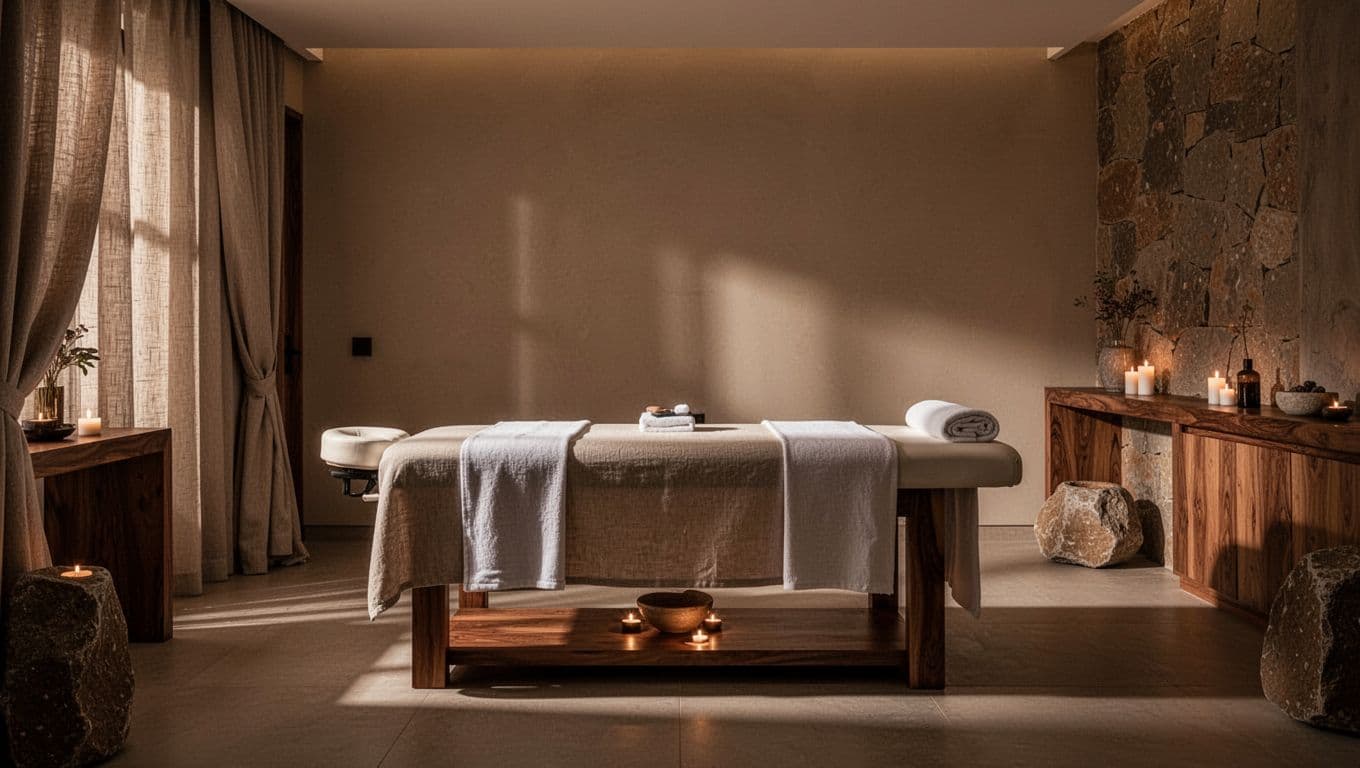 A calm, dimly lit massage room with a clean table and neutral decor.