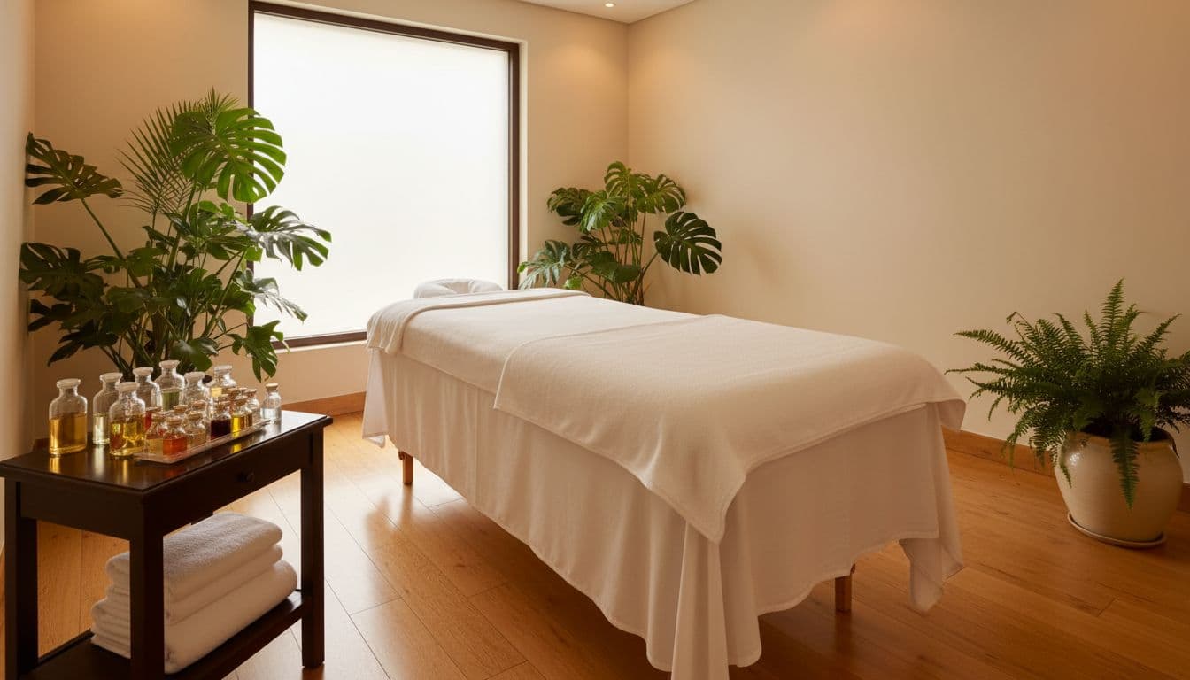 A pristine professional spa treatment room in Nairobi highlights green flags with crisp white linens on the massage table, neatly organized essential oils and towels, soft ambient lighting, lush tropical plants, and polished floors in a serene empty space.