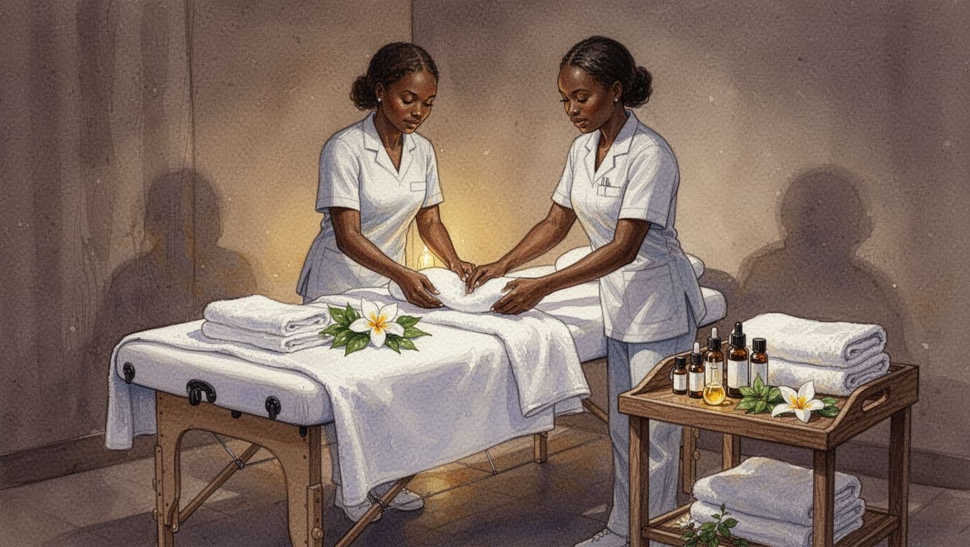 Clean serene spa treatment room in Nairobi South B spa with a Somali female therapist preparing a massage table draped in fresh white linens, essential oils, and folded towels under dim warm lighting, rendered in watercolor style.