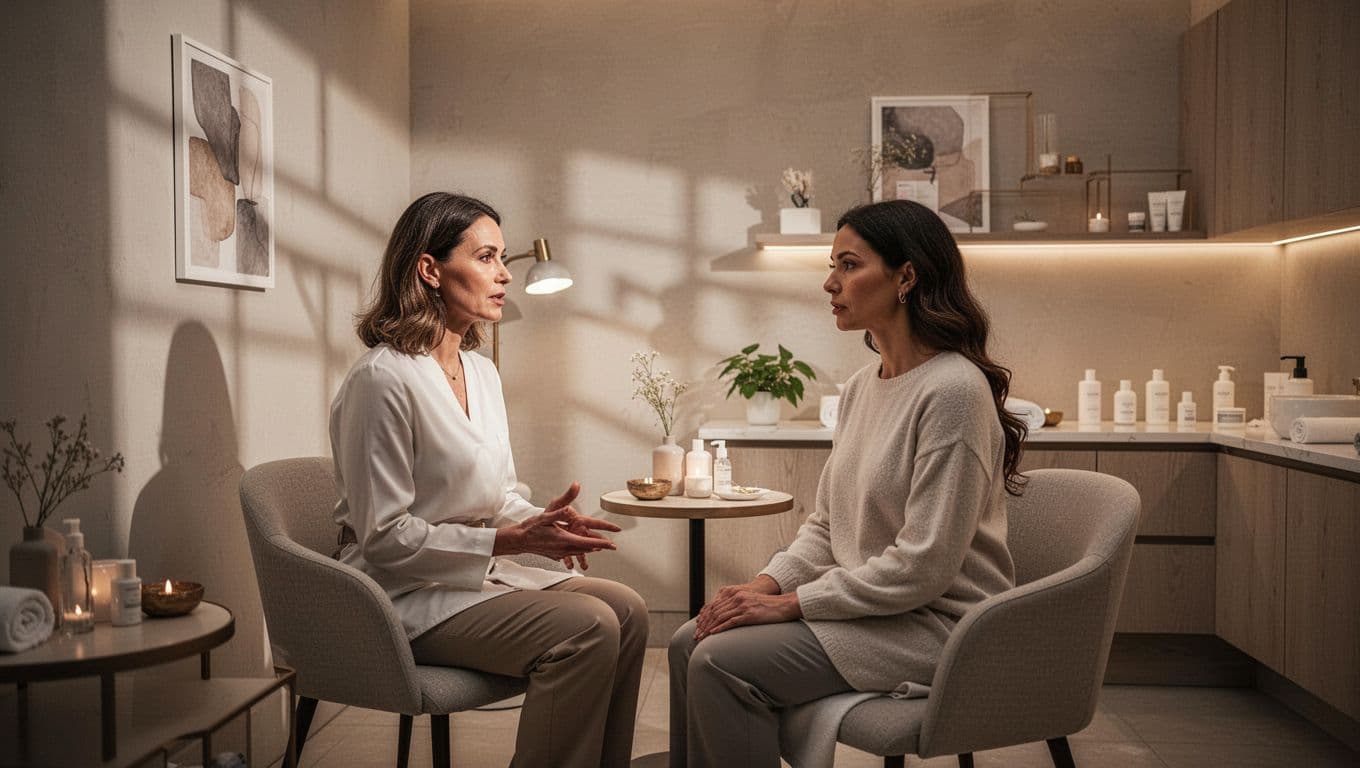 A professional therapist sits across from a client in a serene spa room with warm ambient lighting. They discuss personal health needs within a peaceful and supportive clinical massage environment.