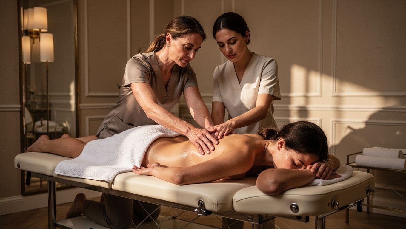 Client lying face down on a professional massage table in an elegant spa room receives deep tissue massage on the back from therapist's hands. Serene Nairobi spa atmosphere with warm ambient lighting, cinematic style, strong contrast and depth.